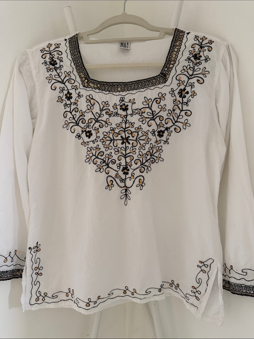 MaxMara White Tunic with Black and Gold Floral Embroidery